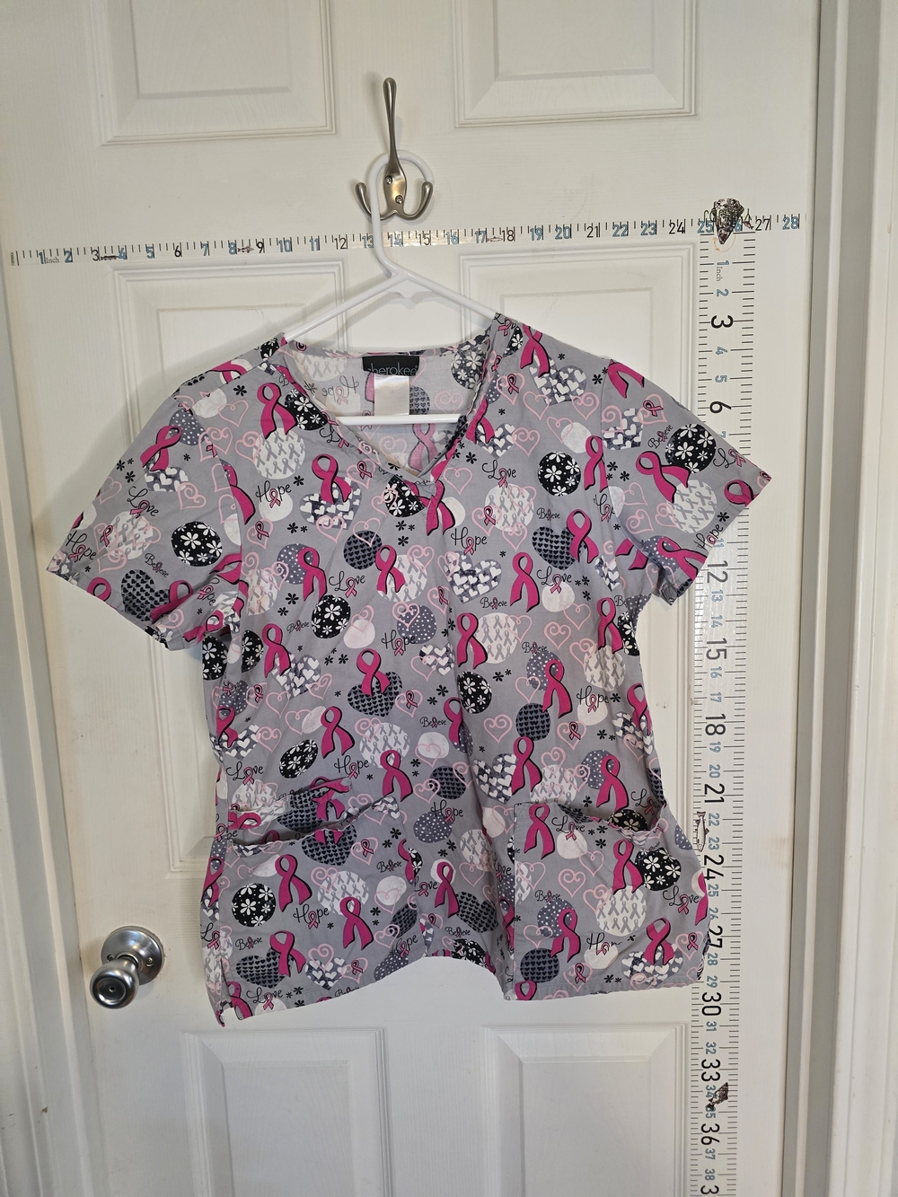 Cherokee Pink Ribbon Print V-Neck Scrub Top - Pink & Gray